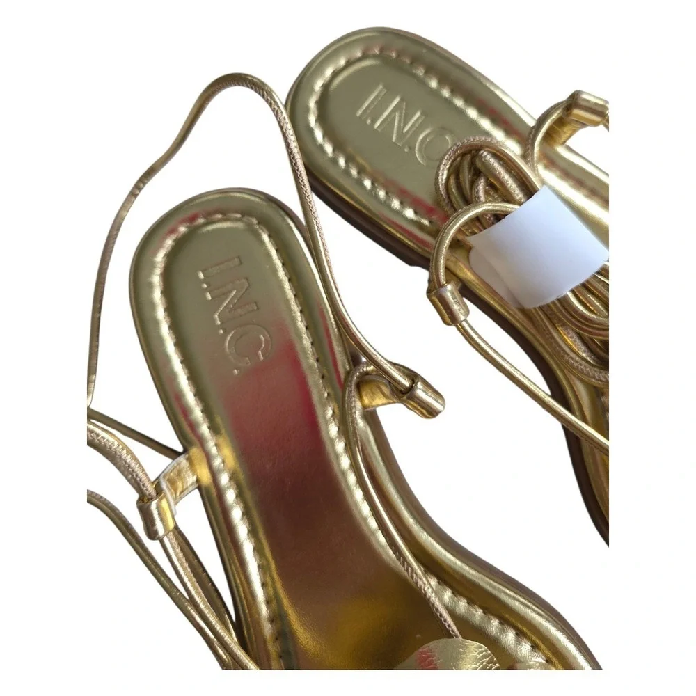 INC Gold Floral Lace Up Sandals Womens 7.5 Metallic Strappy Gladiator New
